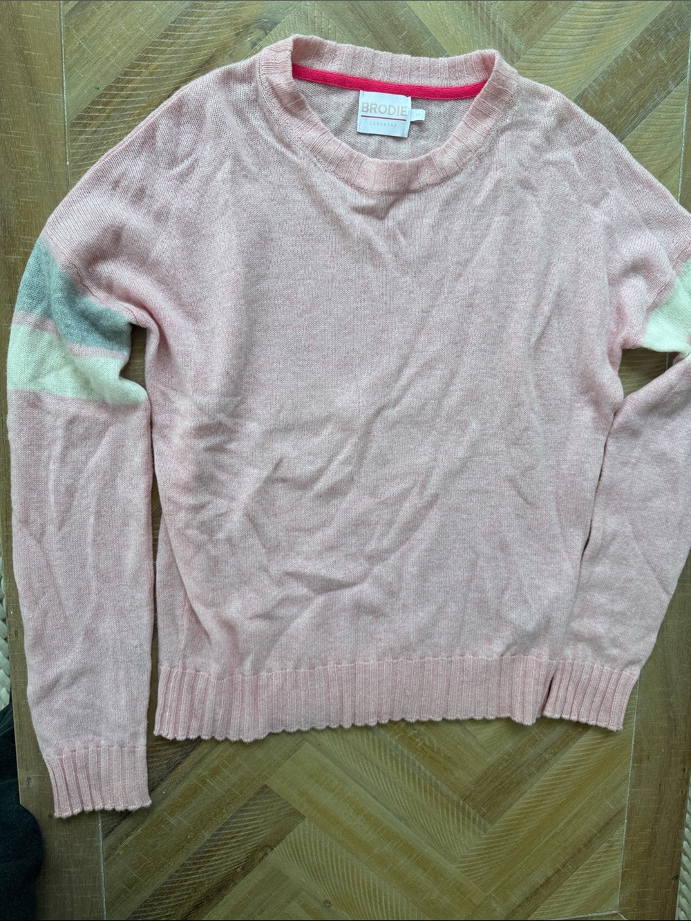 Brodie Cashmere Pink Crewneck Sweater with Cream & Gray Sleeve Stripes